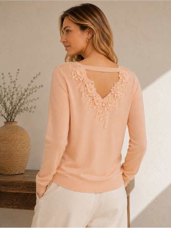 Sweaters - Romantic Floral Appliqué Back Sweater | Balletcore Cottage Knit